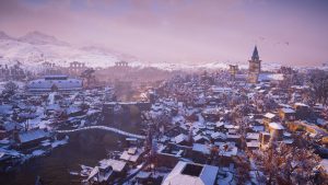 Jorvik skyline at sunset. Extreme long shot (Bordwell and Thompson, 189) and leveled (Bordwell and Thompson, 188)