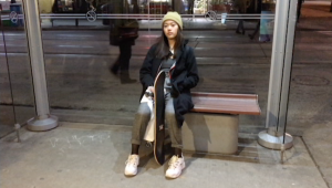 10: Girl waiting again for streetcar, thinking. Medium Long Shot (Bordwell and Thompson, 189) & Deep Space (Block, 16-18).