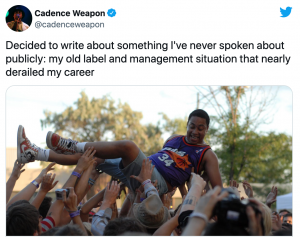 Tweet saying: "Decided to write about something I've never spoken about publicly: my old label and management situation that nearly derailed my career"