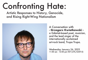 Poster for Confronting Hate event with Grzegorz Kwiatkowski