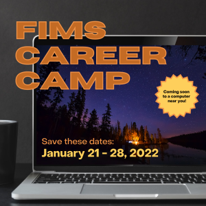 Graphic of an open laptop with the title FIMS Career Camp over it