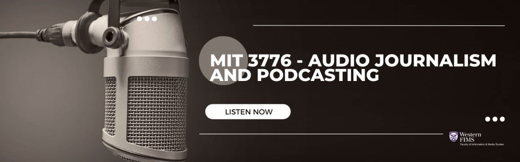 Podcast mic on left side, right side reads: MIT 3776 - Audio Journalism and Podcasting