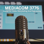 A podcasting microphone with the words MEDIACOM 3776 above it in white text.
