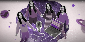 Screenshot of animated CAP promotional video with four students, a laptop and a microphone.