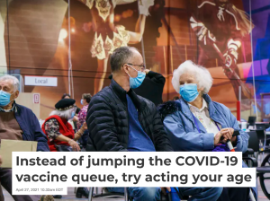 Act Your Age: Don't Jump the Vaccine Queue Two adults wearing masks