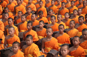 Mindfulness through meditation Monks dressed in orange sitting in meditation