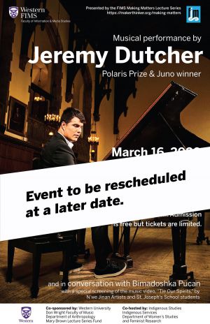 Jeremy Dutcher Postponed Jeremy Dutcher event poster